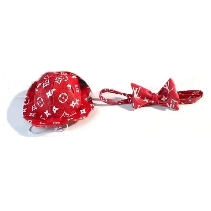 Red monogram bucket hat and bow tie set Louis Vuitton inspired flat lay