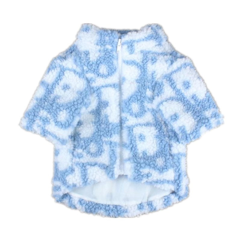 Blue fleece dog jacket with Dogior oblique monogram print Dior inspired front view