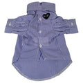 Blue and white striped button-up dog shirt with CDG heart logo and structured collar