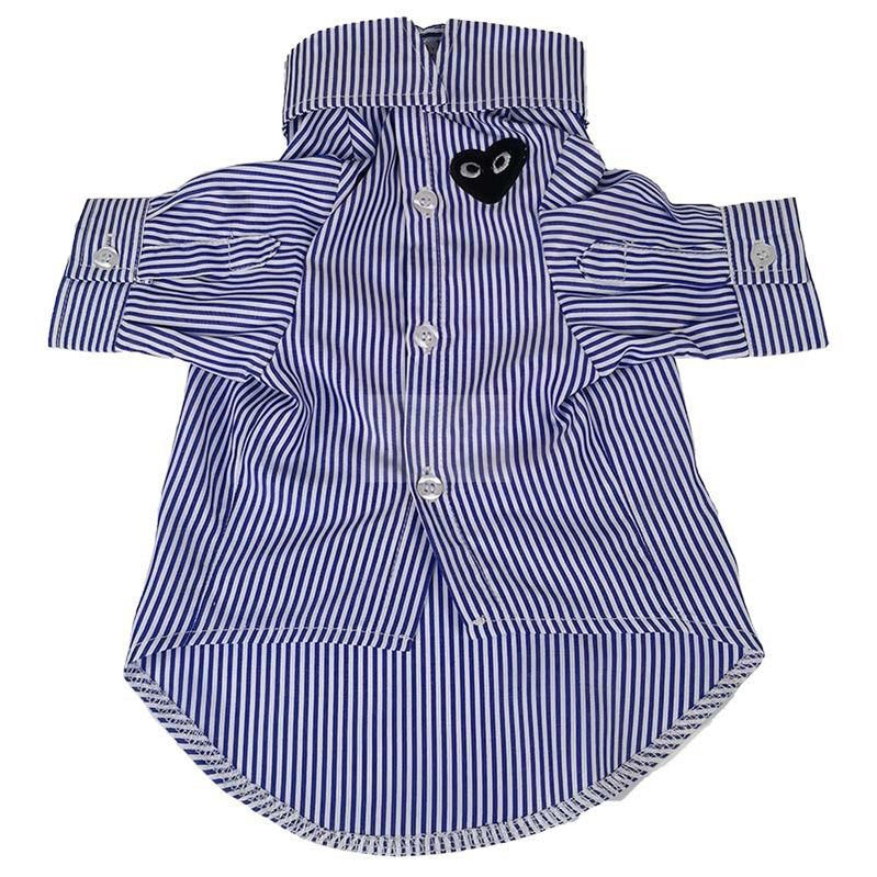Blue and white striped button-up dog shirt with CDG heart logo and structured collar