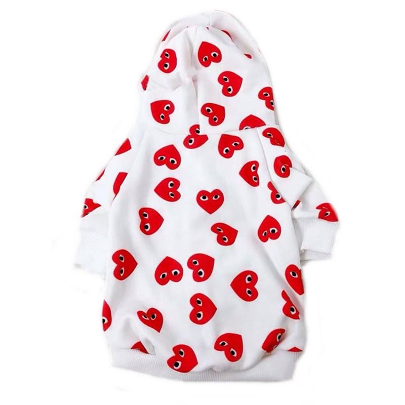 White dog hoodie with red heart print pattern inspired by Comme des Garçons CDG