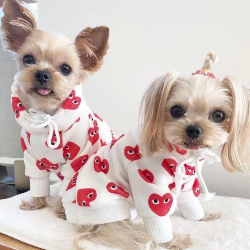 Two small dogs wearing matching white hoodies with red heart eye print CDG style