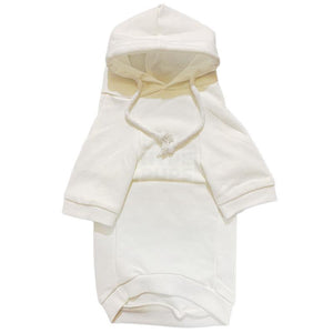 Front view of white CDG dog hoodie with drawcord hood and kangaroo pocket