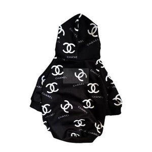 Black dog hoodie with white Chanel logos all-over monogram pattern