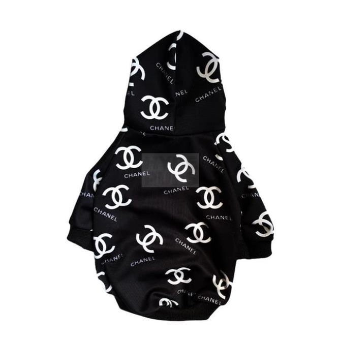 Black dog hoodie with white Chanel logos all-over monogram pattern