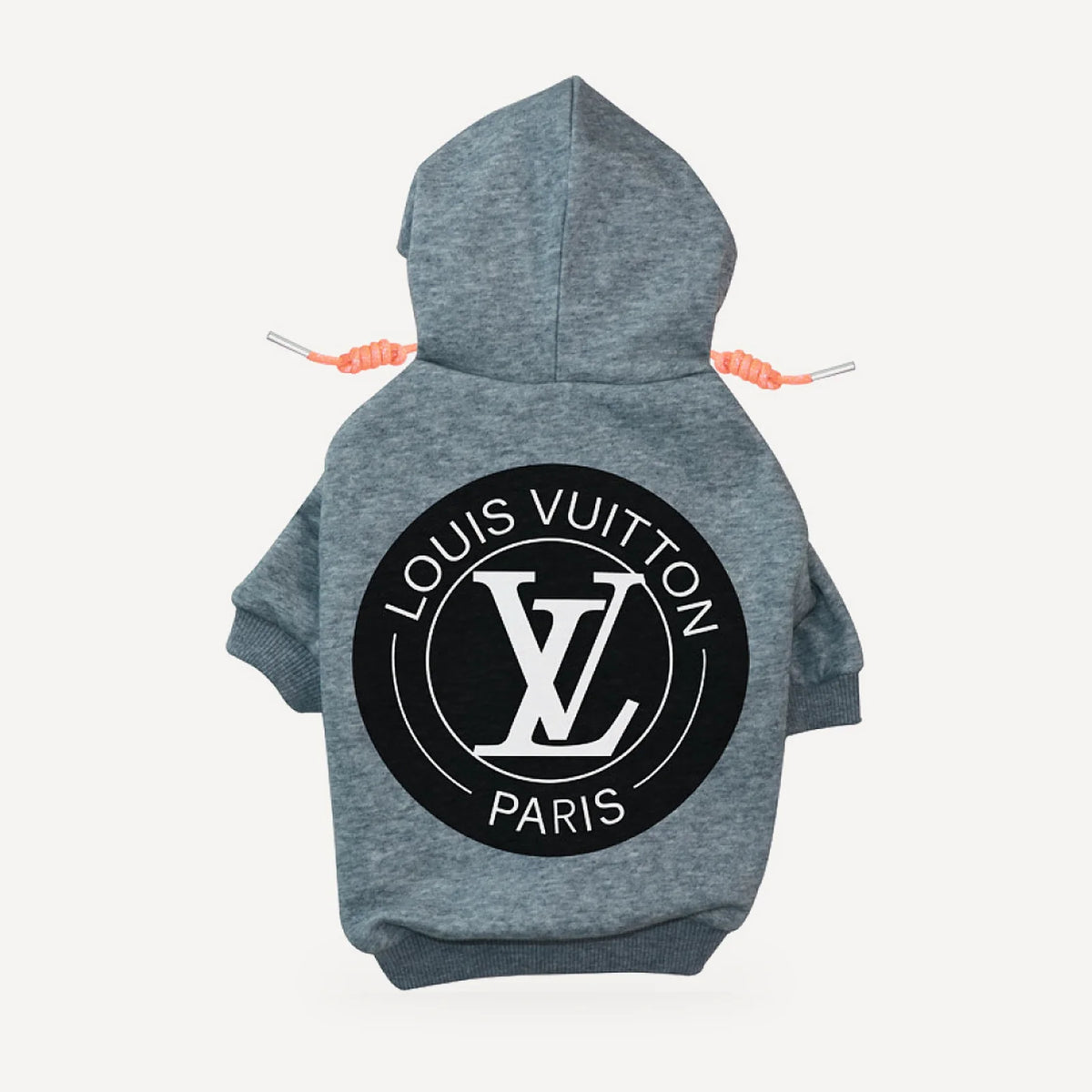 Circle Logo dog hoodie inspired by Louis Vuitton, grey, back view