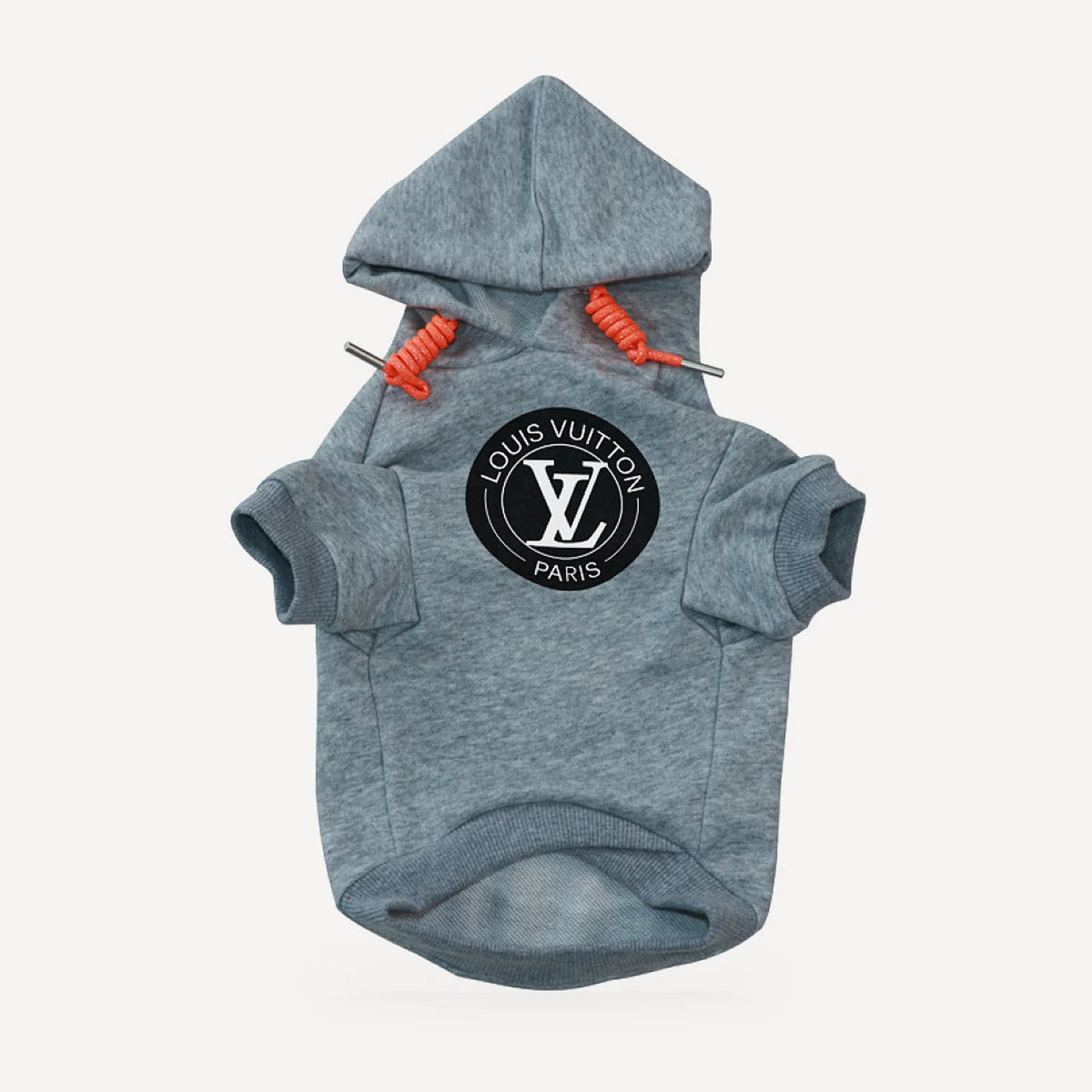 Circle Logo dog hoodie inspired by Louis Vuitton, grey, front view