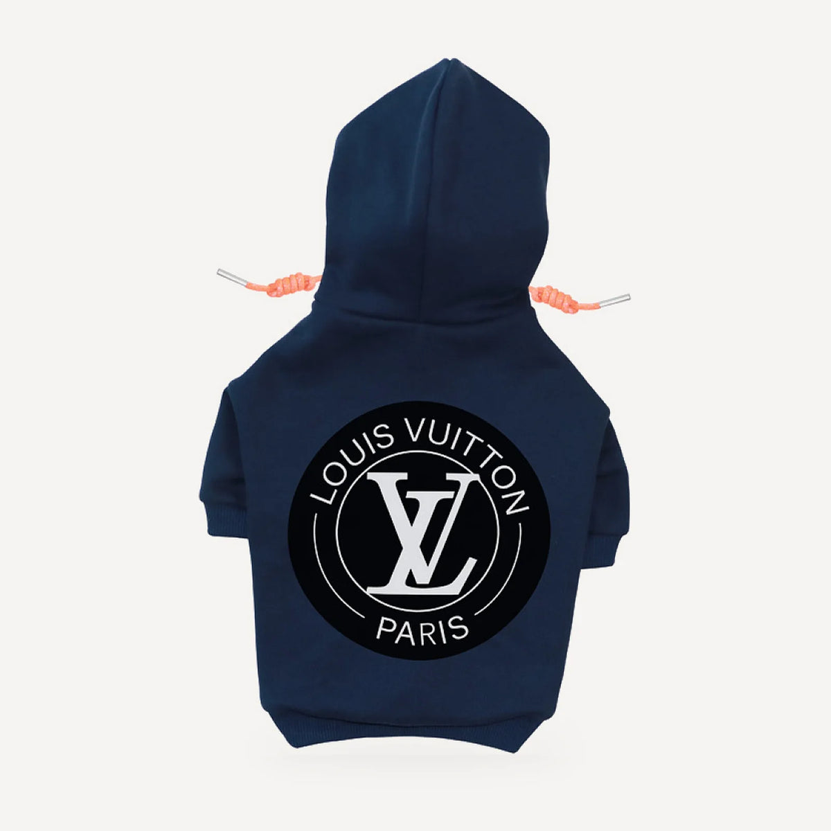 Circle Logo dog hoodie inspired by Louis Vuitton, navy blue, back view