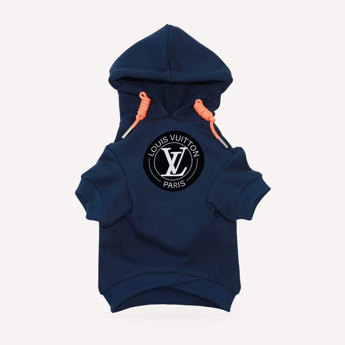 Circle Logo dog hoodie inspired by Louis Vuitton, navy blue, front view