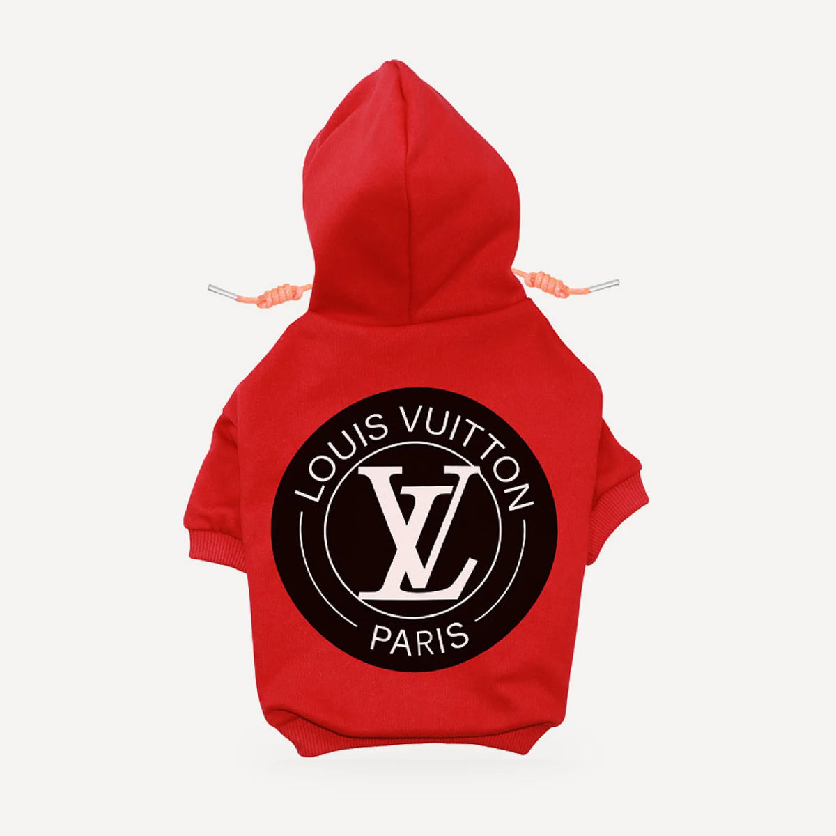 Circle Logo dog hoodie inspired by Louis Vuitton, red, back view