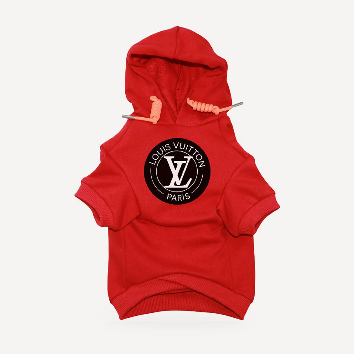 Circle Logo dog hoodie inspired by Louis Vuitton, red, front view