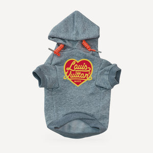 Heart Logo dog hoodie inspired by Louis Vuitton, grey, front view
