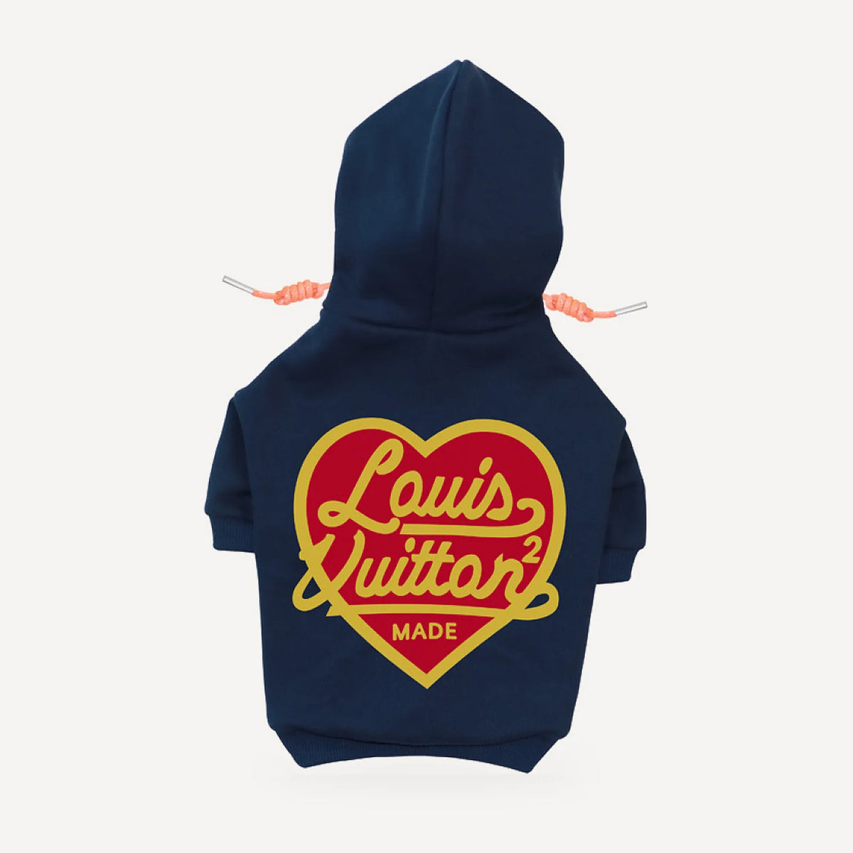 Heart Logo dog hoodie inspired by Louis Vuitton, navy blue, back view