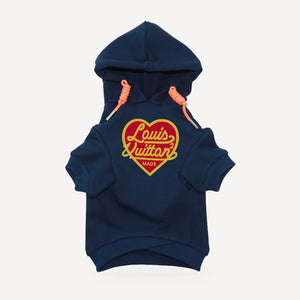Heart Logo dog hoodie inspired by Louis Vuitton, navy blue, front view