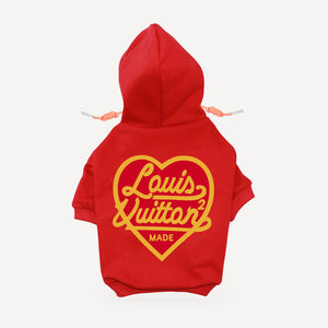 Heart Logo dog hoodie inspired by Louis Vuitton, red, back view