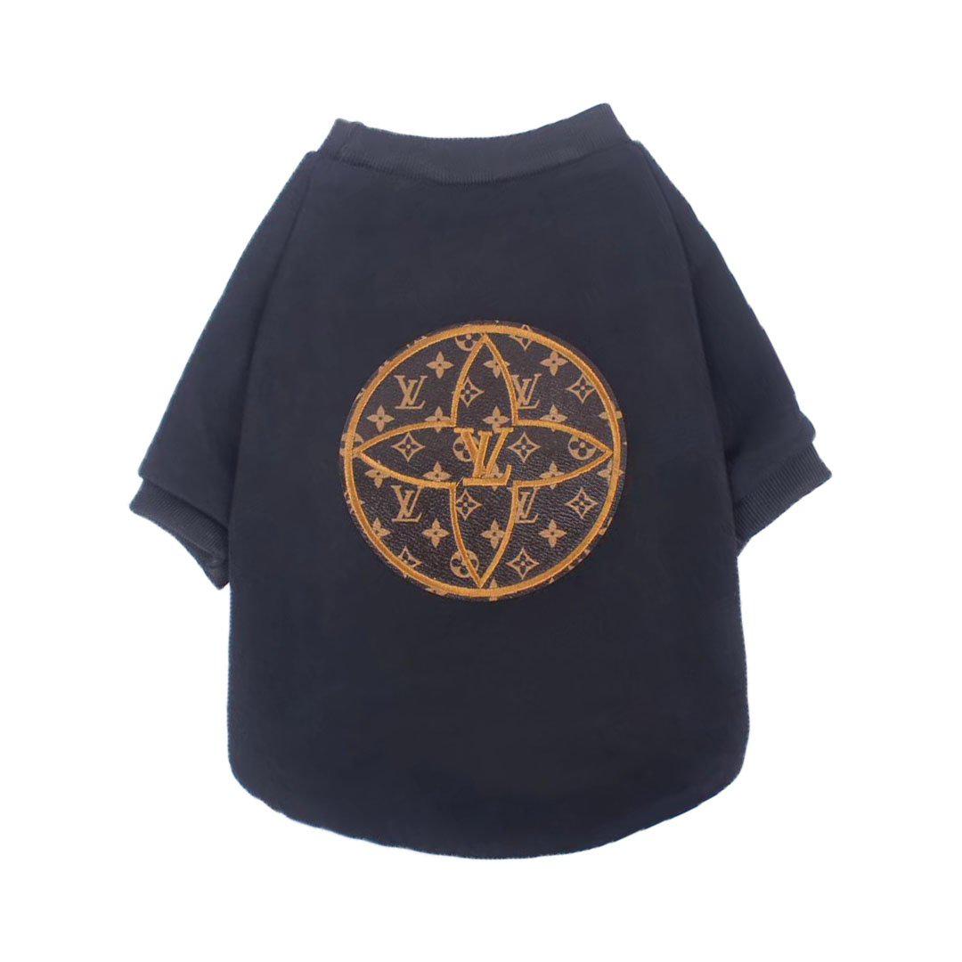 Black crewneck dog sweatshirt with Louis Vuitton inspired monogram circle patch on back