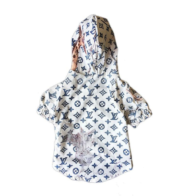 White monogram dog rain jacket Louis Vuitton style with hood and jungle print back view