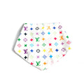 White triangle dog bandana with multicolor Louis Vuitton inspired V monogram print