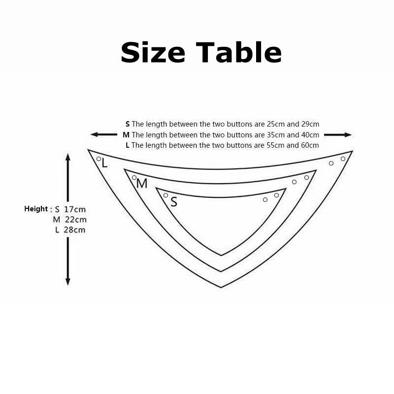 Dog bandana size chart showing small medium large triangle measurements with snap closure