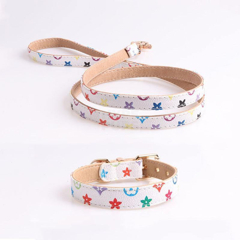 White dog collar and leash with multicolor V monogram print Louis Vuitton inspired