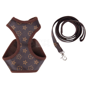 Brown monogram dog harness and leash set Louis Vuitton inspired with mesh panels