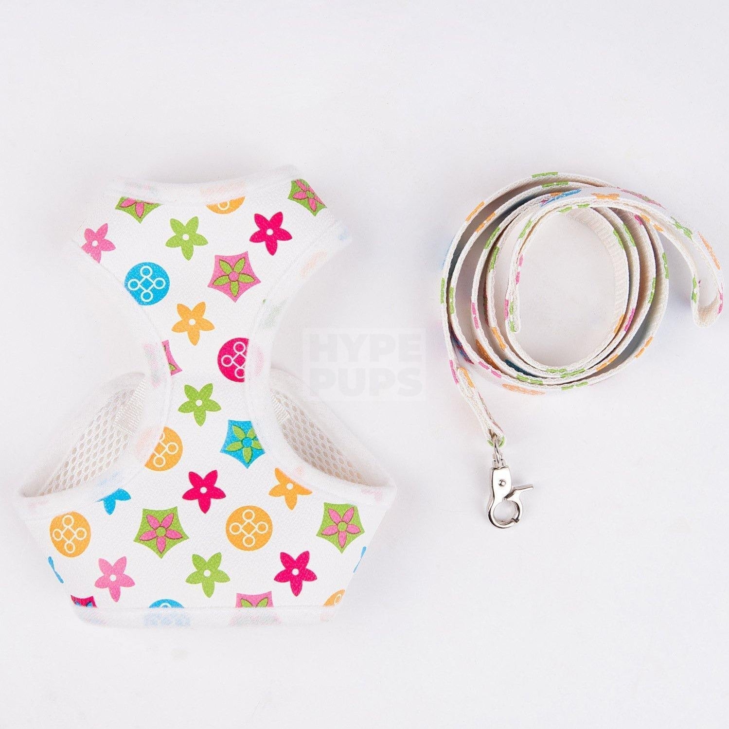 White monogram dog harness and leash set with colorful LV style print and buckle closure