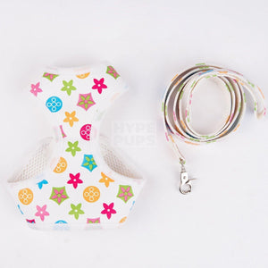 White monogram dog harness and leash set with colorful LV style print and buckle closure