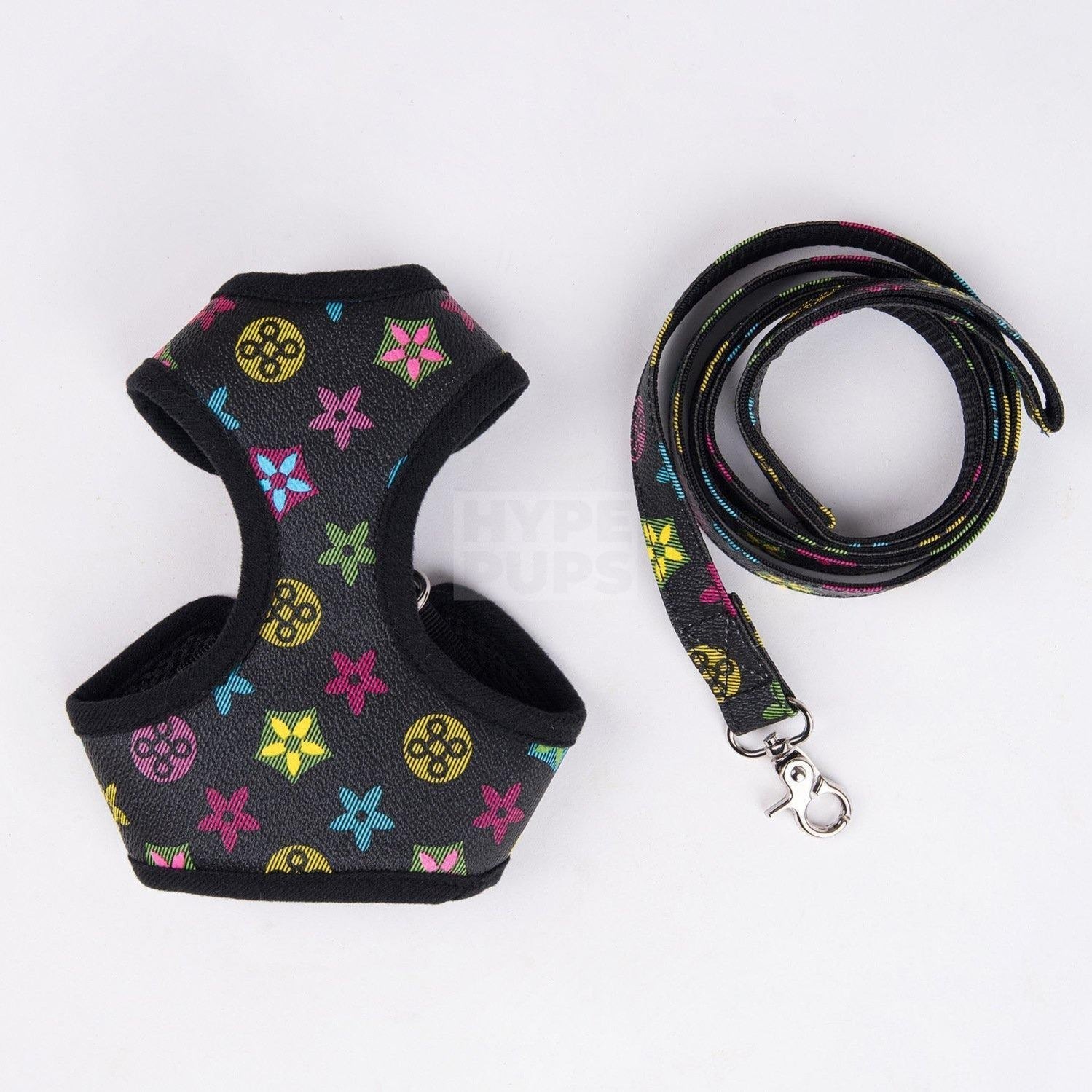 Black monogram dog harness and leash set with multicolor Louis Vuitton style print