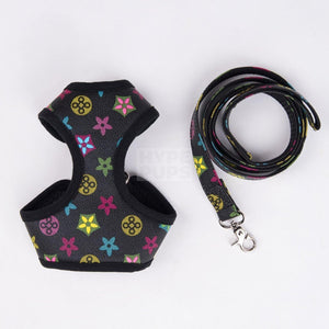 Black monogram dog harness and leash set with multicolor Louis Vuitton style print