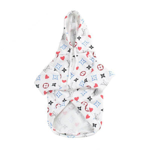 White dog hoodie Louis Vuitton inspired with colorful monogram hearts pattern and drawstring hood