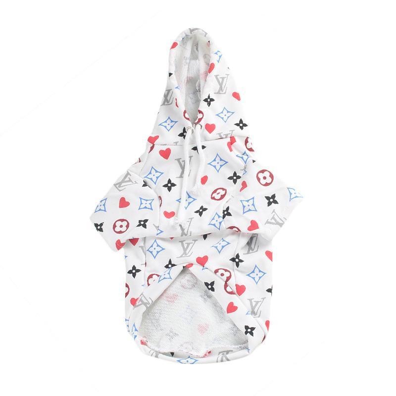 White dog hoodie Louis Vuitton inspired with colorful monogram hearts pattern and drawstring hood