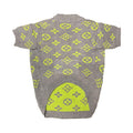 Grey knit dog sweater with neon V monogram pattern Louis Vuitton inspired flat lay