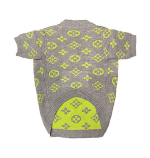 Grey knit dog sweater with neon V monogram pattern Louis Vuitton inspired flat lay
