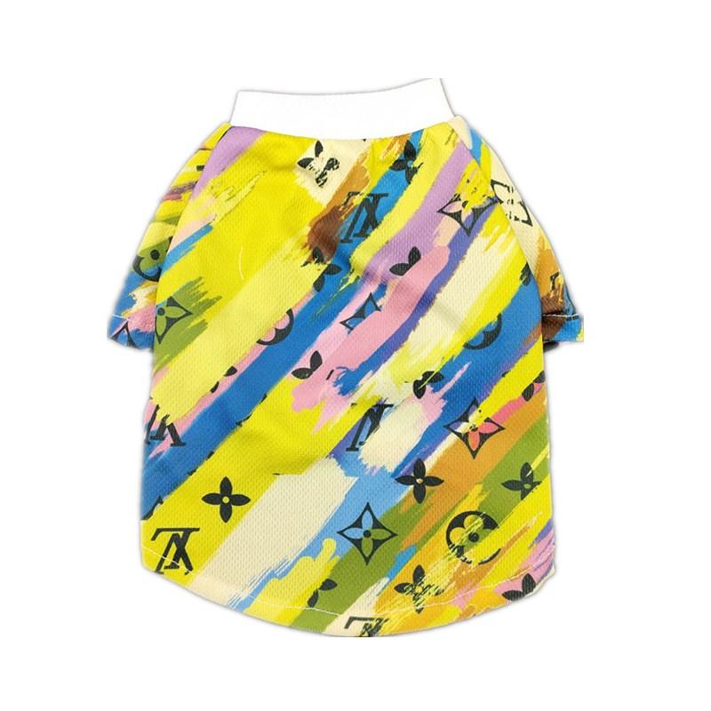 Back view painted monogram dog tee with LV style logos in yellow pink blue colors