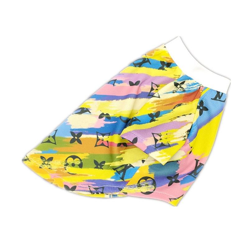 Flat lay multicolor painted dog shirt Louis Vuitton parody with brushstroke pattern
