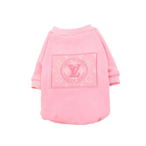 Pink cotton dog sweatshirt Louis Vuitton style with embroidered V monogram patch on back