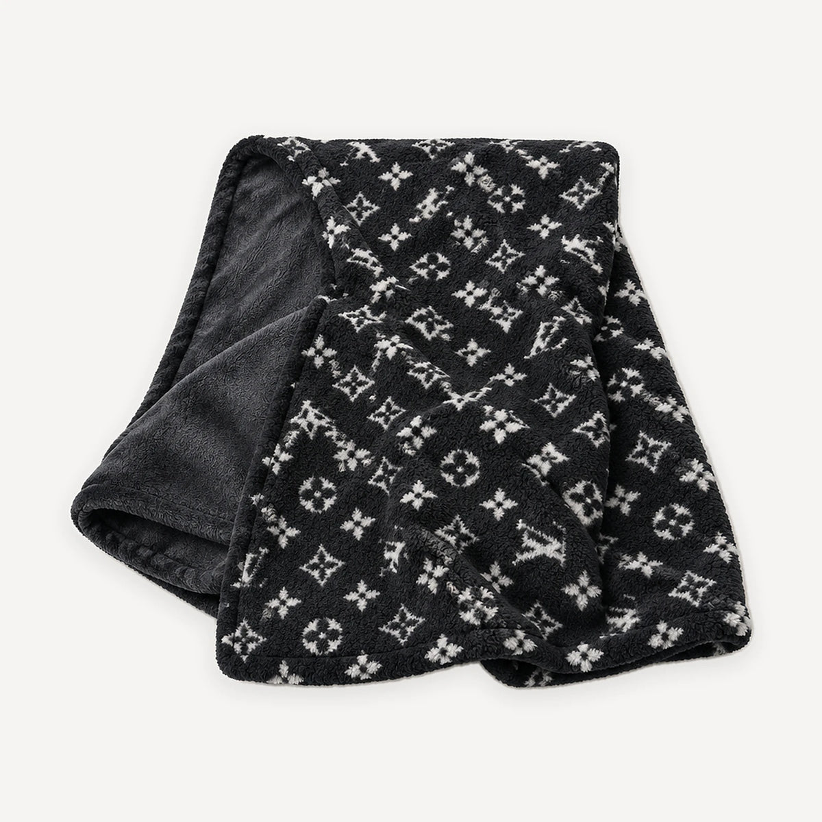 Black monogram plush dog blanket inspired by Louis Vuitton with a charcoal reverse side