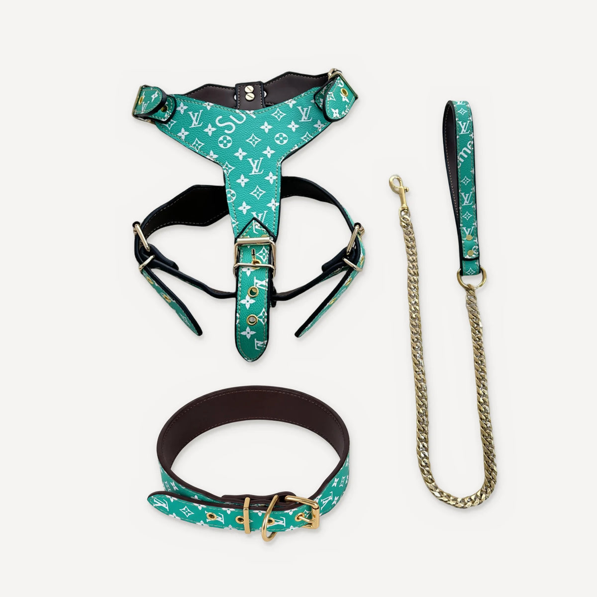 × Pupreme Gold Chain Leather Walking dog set inspired by Louis Vuitton view 2