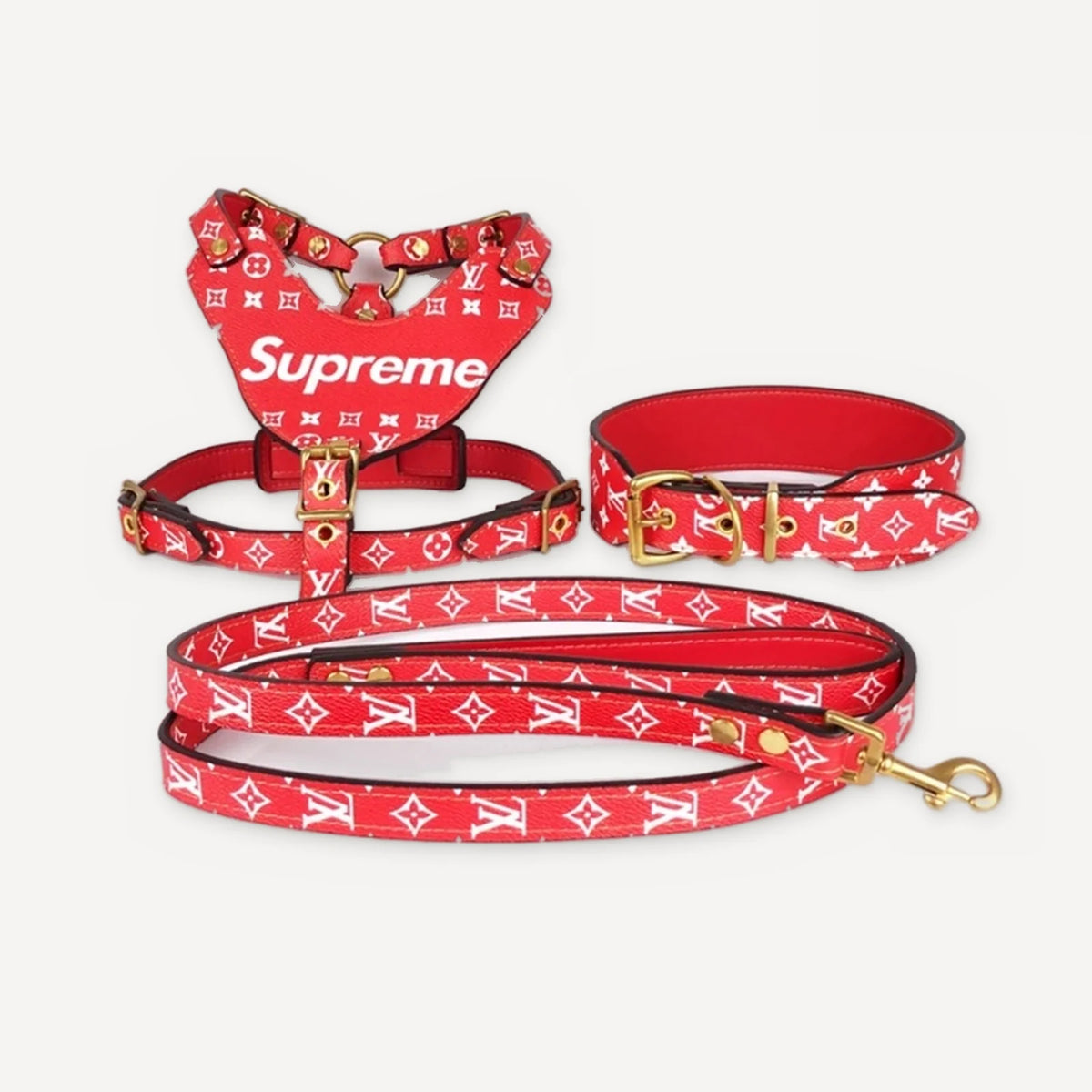 × Pupreme Leather Walking dog set inspired by Louis Vuitton view 2