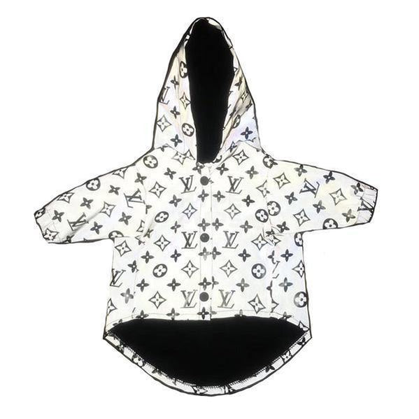 White reflective dog windbreaker with V monogram print on white background front view