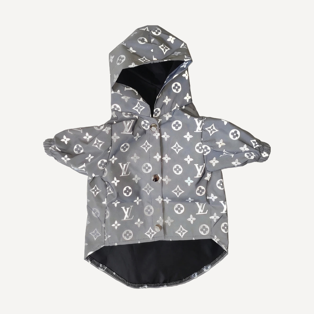 Silver reflective dog windbreaker inspired by Louis Vuitton