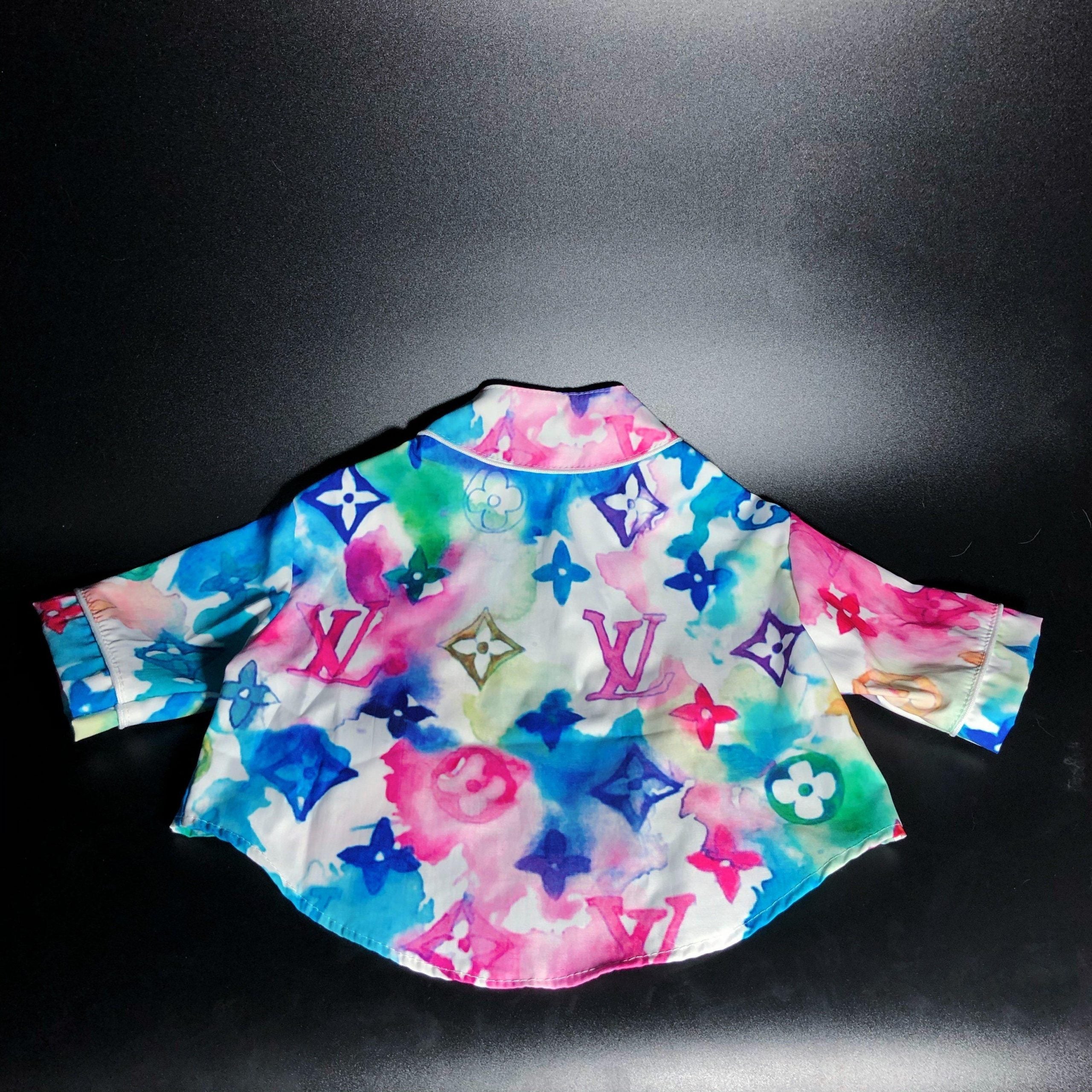 Back view watercolor monogram dog shirt showing LV pattern and curved hem