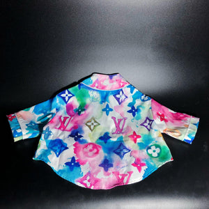Back view watercolor monogram dog shirt showing LV pattern and curved hem