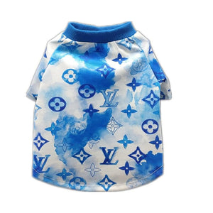 Blue watercolor monogram dog tee Louis Vuitton style with ribbed collar on white background