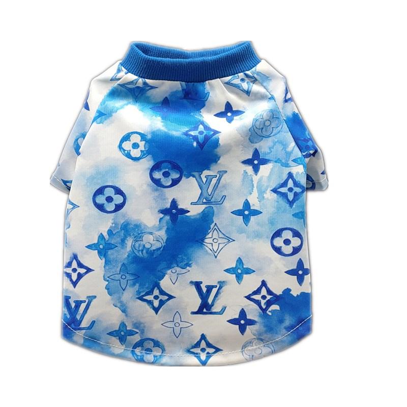 Blue watercolor monogram dog tee Louis Vuitton style with ribbed collar on white background