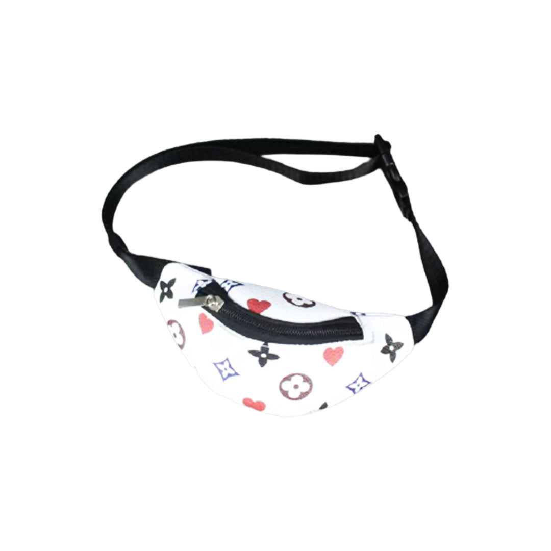 White monogram dog fanny pack with colorful heart star pattern LV inspired