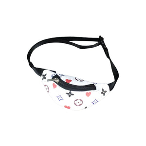 White monogram dog fanny pack with colorful heart star pattern LV inspired