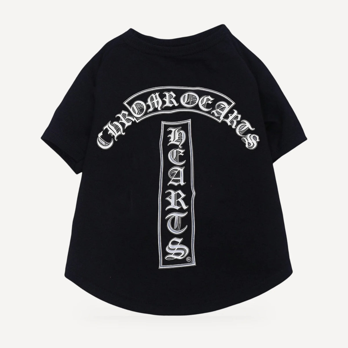 Arch Logo dog tee inspired by Chrome Hearts, black, back view