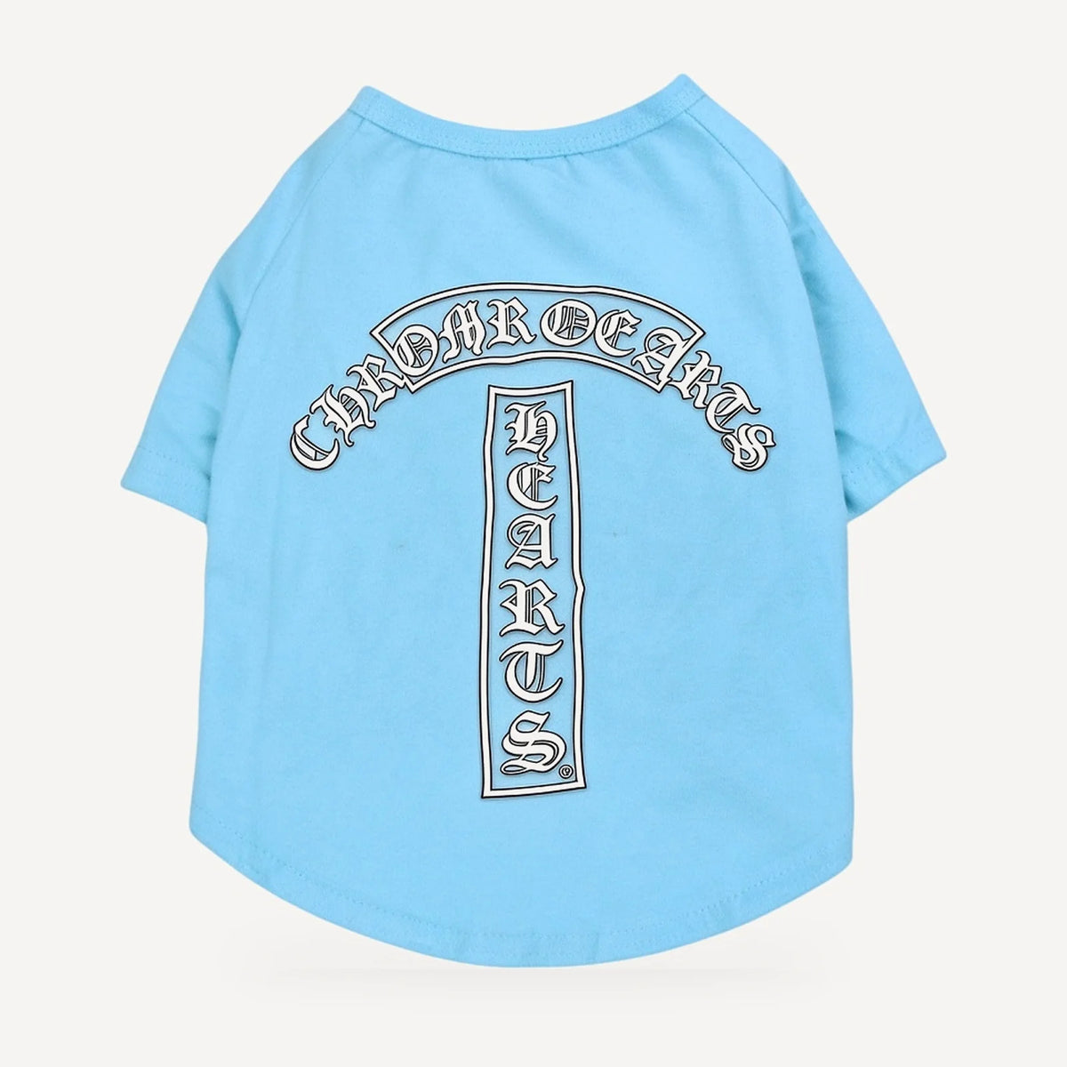 Arch Logo dog tee inspired by Chrome Hearts, light blue, back view