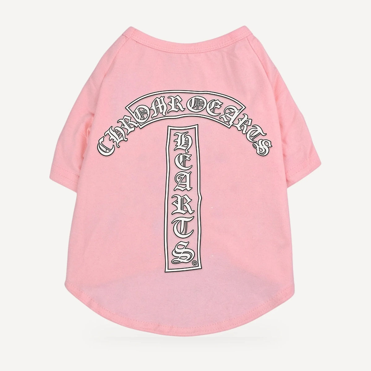 Arch Logo dog tee inspired by Chrome Hearts, pink, back view